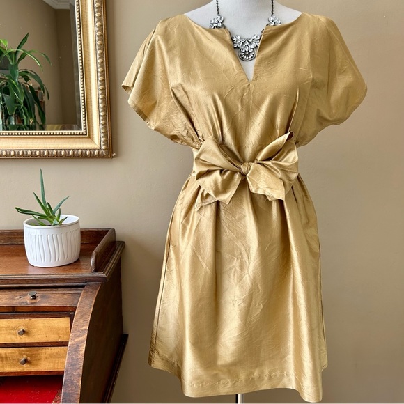 Calypso St. Barth Dresses & Skirts - Calypso St. Barth Gold Silk Cocktail Dress Belt Bow Sash Short Sleeve Size M